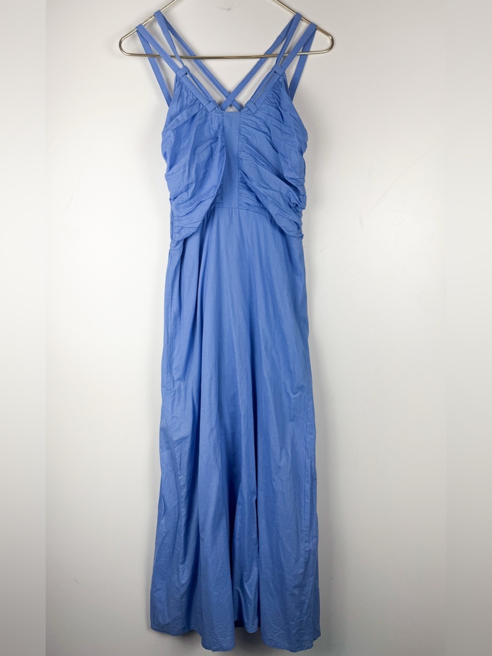 Anna Cate Dusty Blue Cotton Dress XS Smocked Back Ruched Multi-Strap Cottagecore